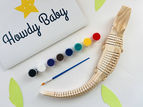 wooden crocodile toy from the July 2023 Howdy Baby kids subscription box for girls and boys