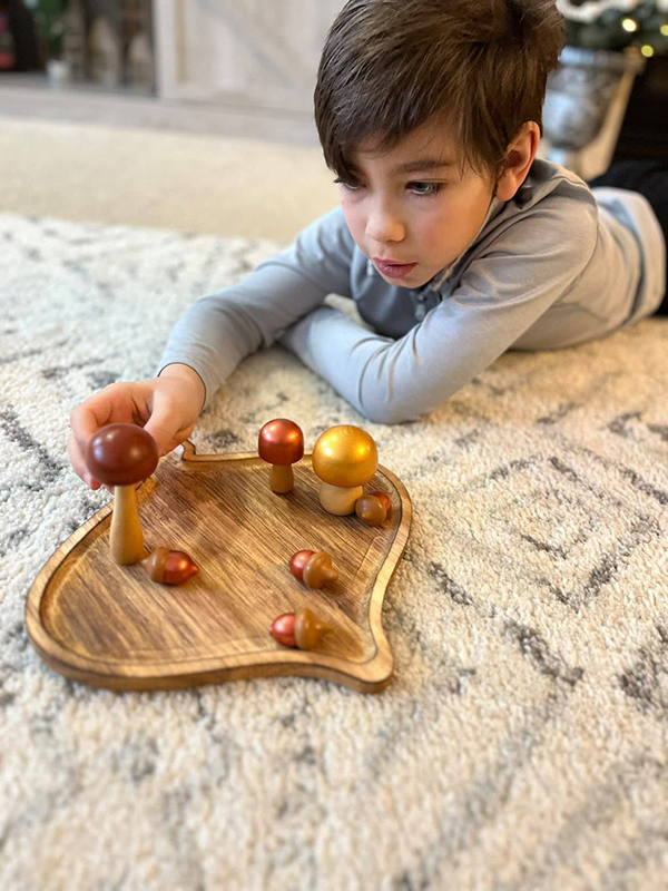 boy playing with wooden mushroom toys on a Montessori sorting tray