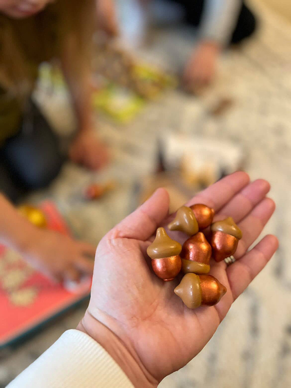 wooden painted acorns to use with Montessori sorting tray