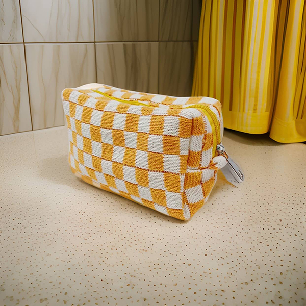 yellow checker print cosmetic bag for mom self care