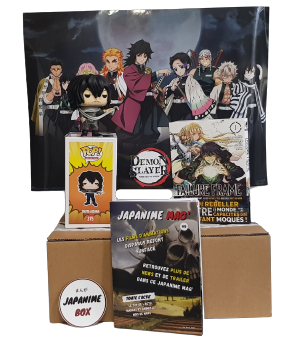 Une japanime box, avec une funko POP Aizawa de My hero academia, un poster demon slayer, le manga failure frame, ainsi que le Japanime mag