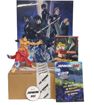 Une japanime box, avec une figurine collector de luffy dans One piece, un poster attaque des titans, le manga  The Unwanted Undead Adventurer, ainsi que le Japanime mag