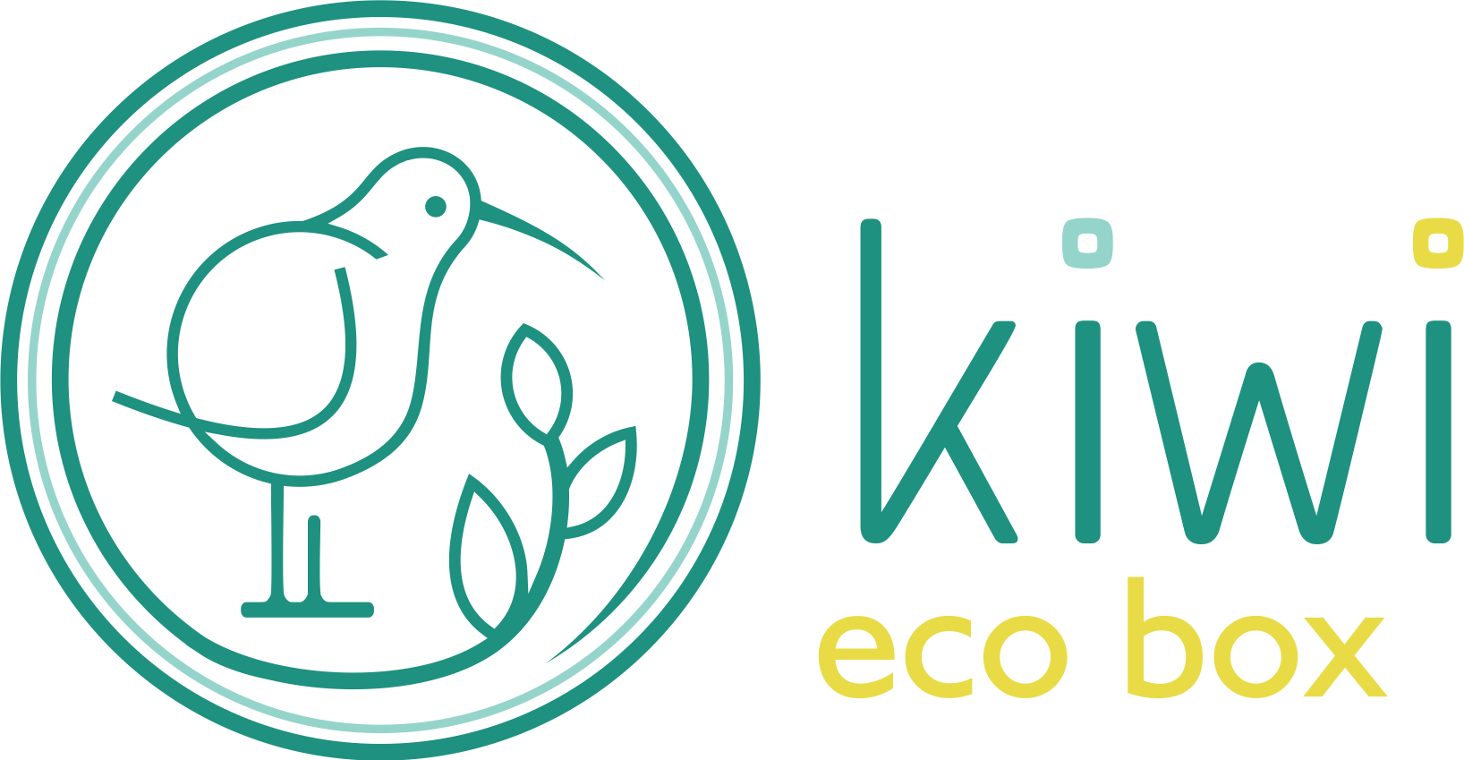 KIWI Eco Box logo with the little bird and plant branch, with sign KIWI Eco Box