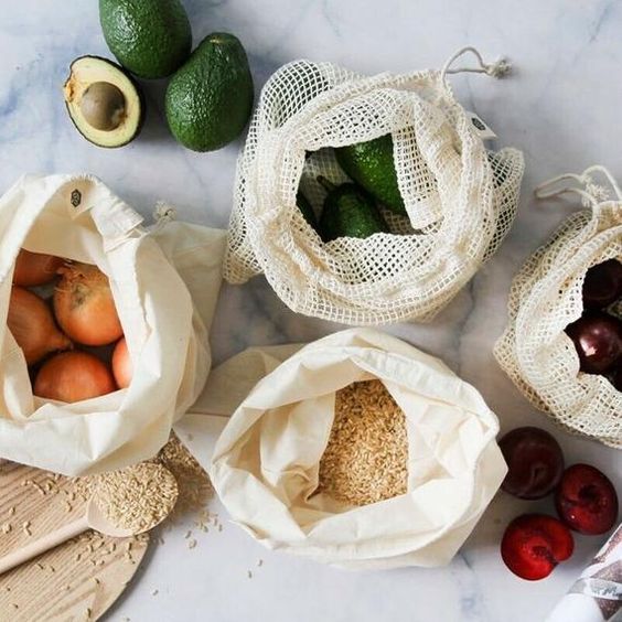 vegetables and rice vegetables and rice in mesh bags on the table