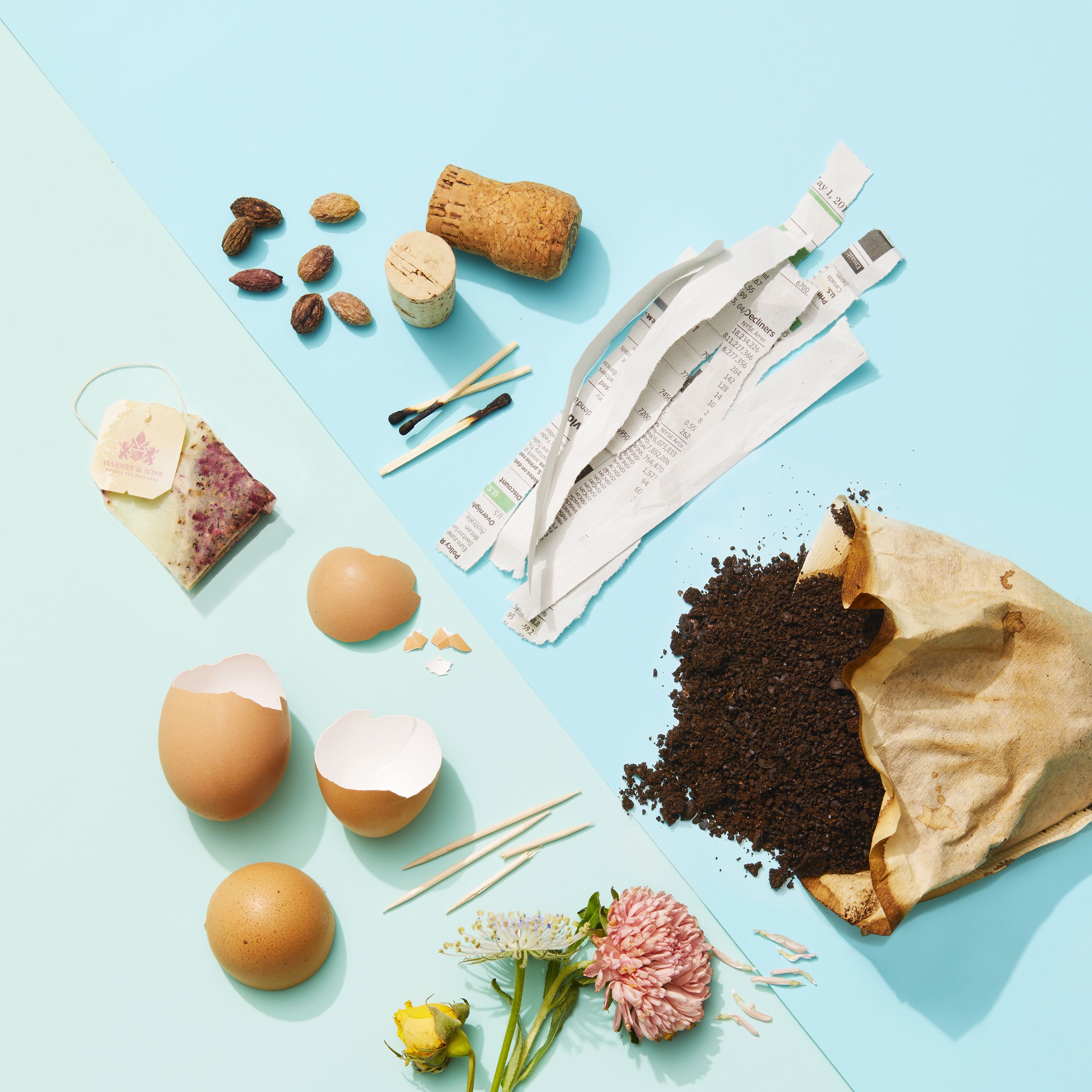 compostable products egg shells, paper, dried flowers, tea bags, shredded paper, matches, pits