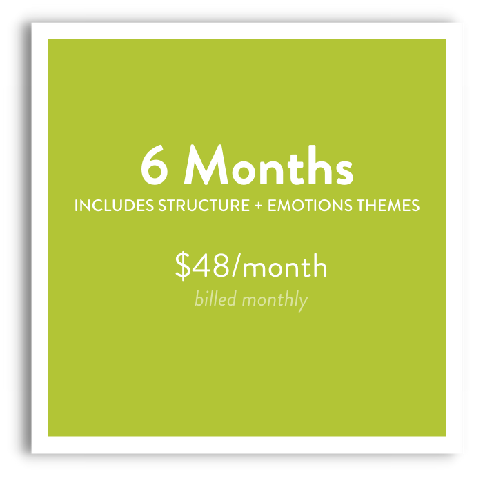 6 months, includes structure and wellbeing themes. $48/month, billed monthly.