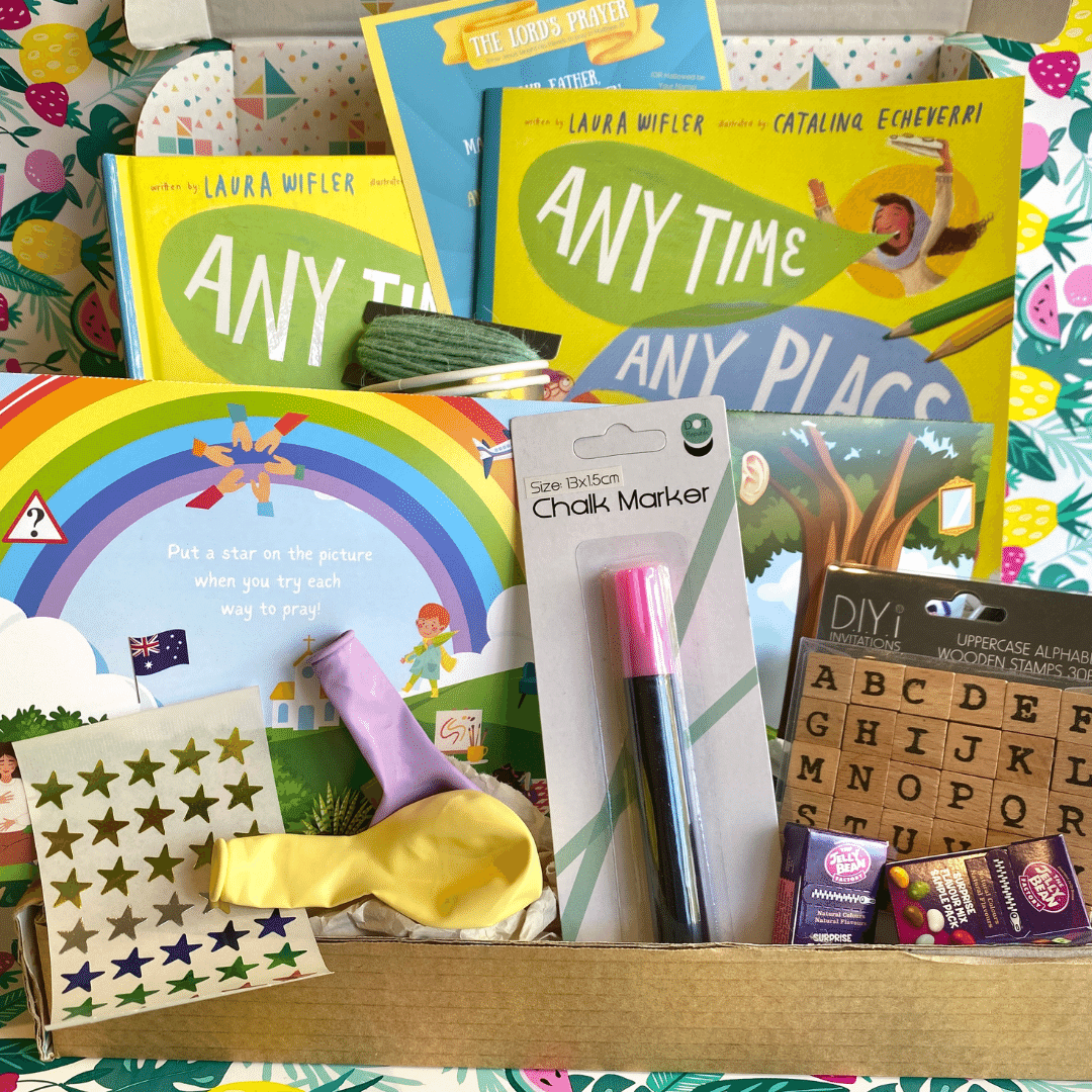 Subscription box filled with Christian books, colouring and craft for kids. 