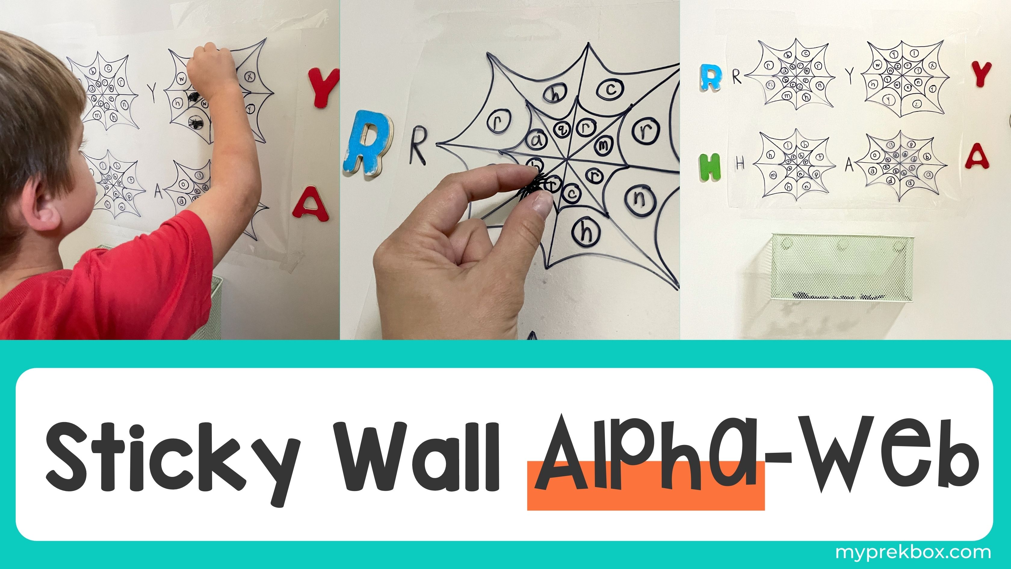 Preschool Halloween Letter Recognition Activity: Sticky Wall Alpha-Web 