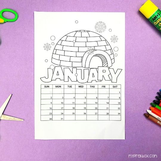 coloring calendar blank january