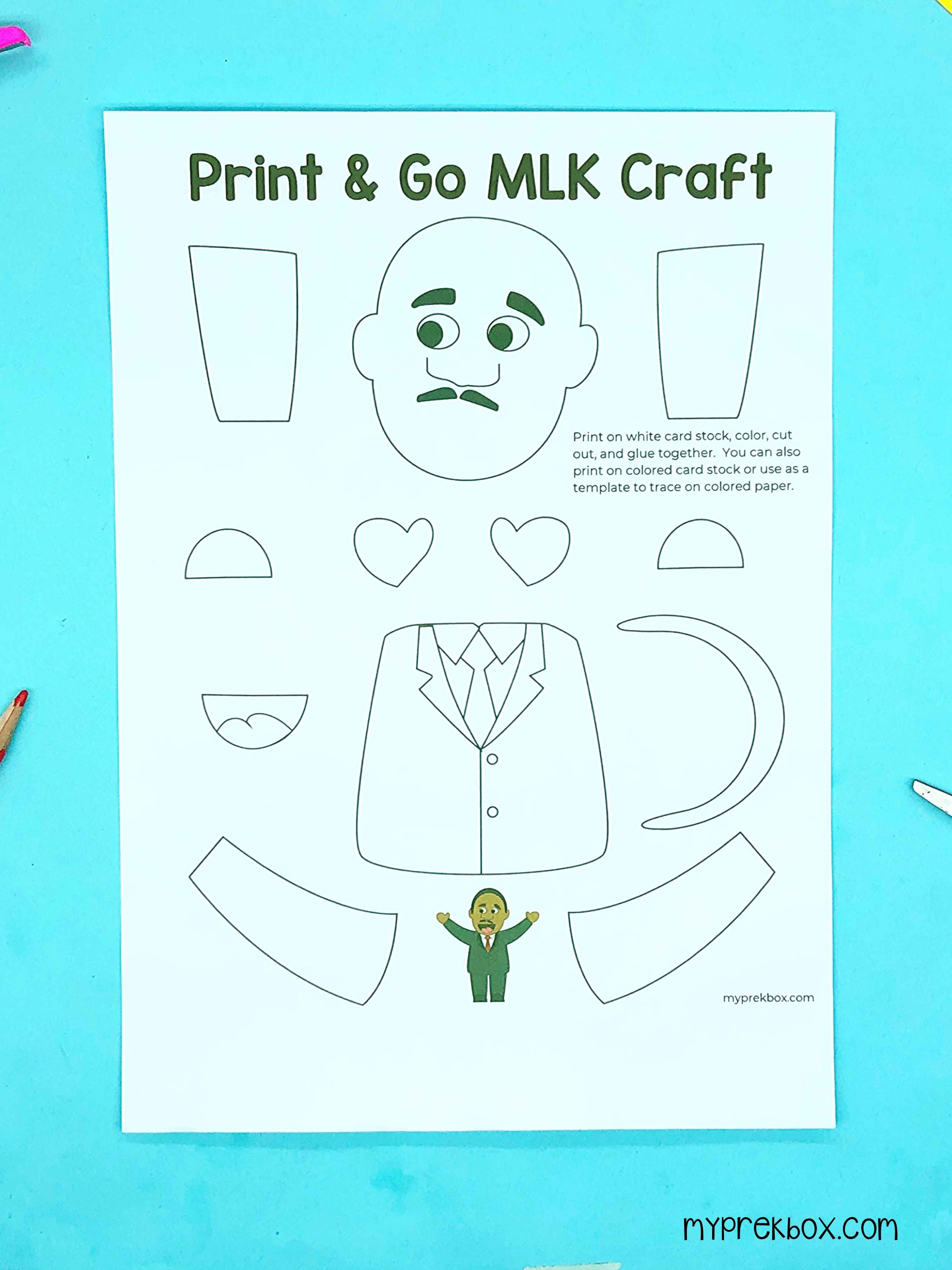 MLK day preschool craft printed in black and white