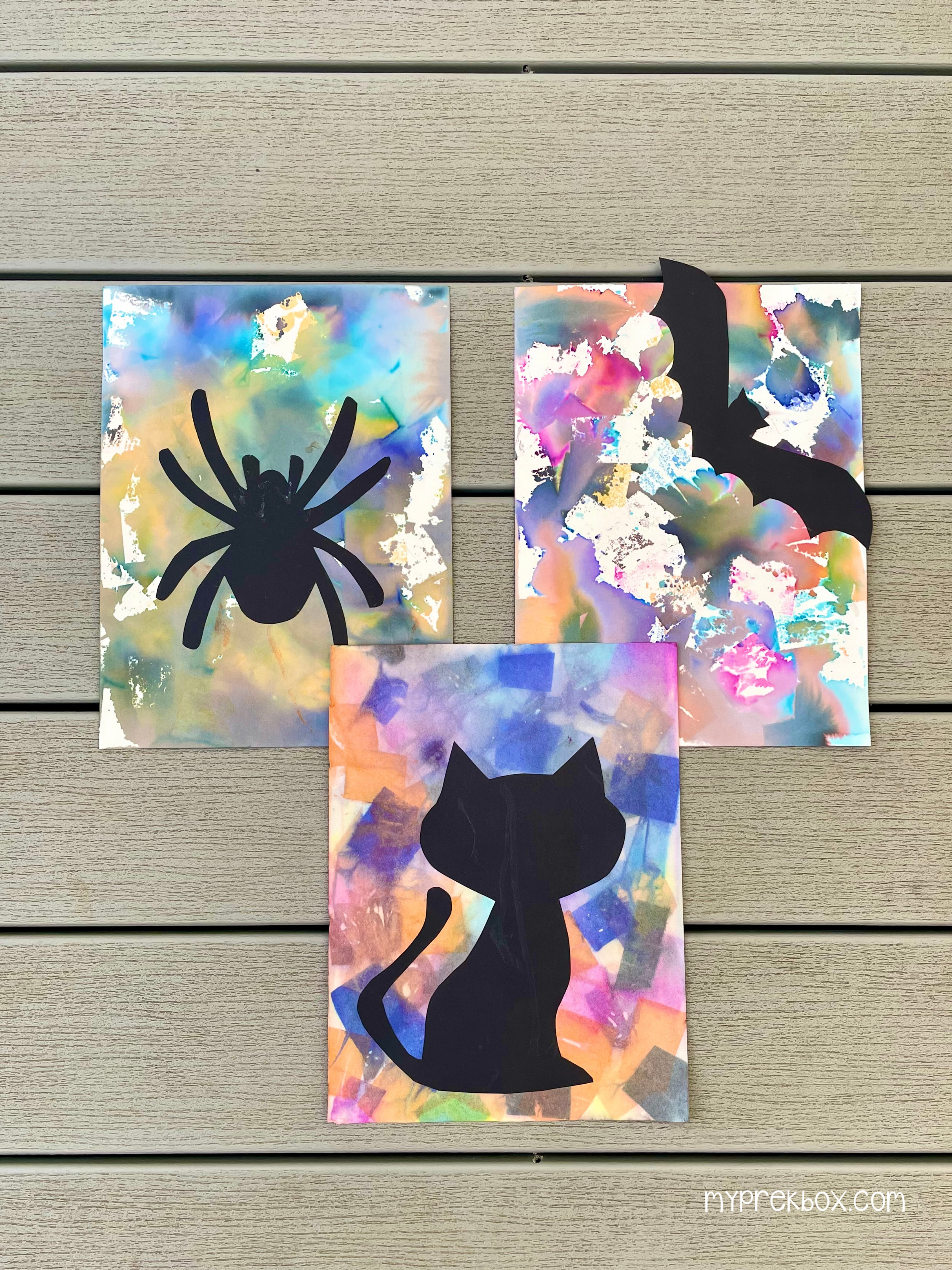 spooky silhouettes, three completed projects with figures glued on paper