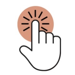 Click icon – hand pressing button Hand icon clicking a coral-coloured button with radiating lines