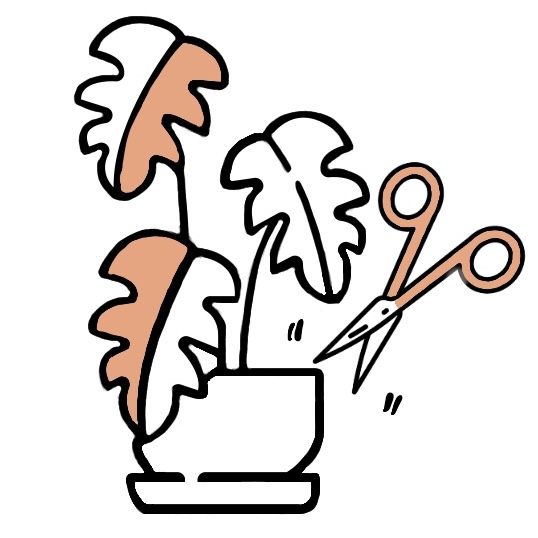 Paper Alocasia Frydek plant with scissors icon Illustration of a potted Alocasia Frydek plant being cut with scissors, with coral accents