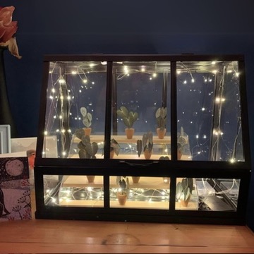 Miniature paper plants displayed in IKEA greenhouse with fairy lights Miniature IKEA greenhouse filled with handmade paper plants in terracotta pots, lit with warm fairy lights