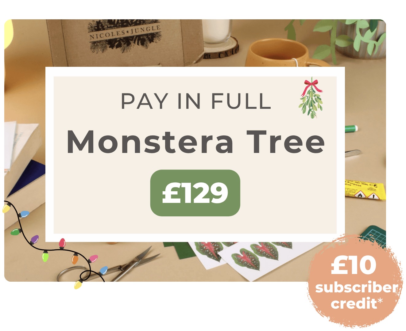 Promotional banner for Nicole’s Jungle 12-month subscription offer showing a crafting scene with text that reads: ‘Prepay & Save – 12 Months – £15 / month – Save 50%’