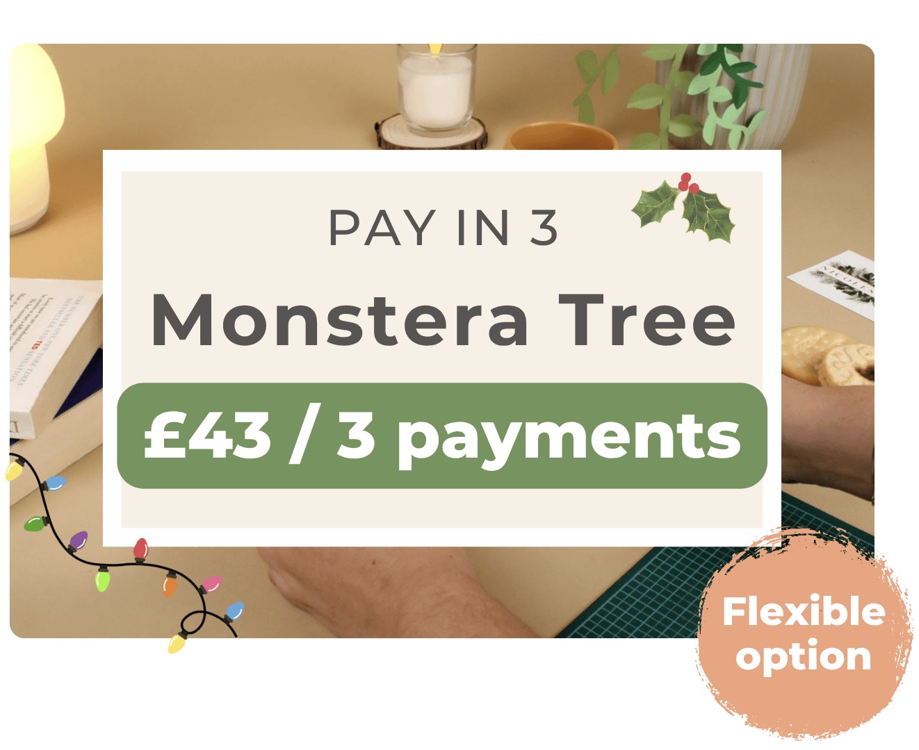 Nicole’s Jungle 6-month subscription plan graphic showing £23 per month with a peach badge that reads ‘Save 23%.’ A pair of hands, books, a candle, and plant cuttings are seen on a neutral background.
