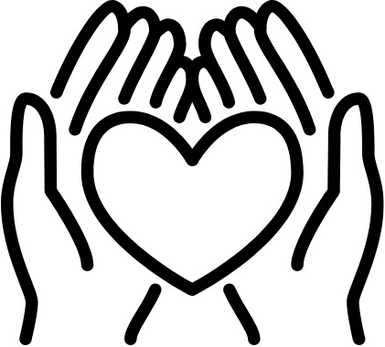 Line icon of two hands holding a heart, representing care and support