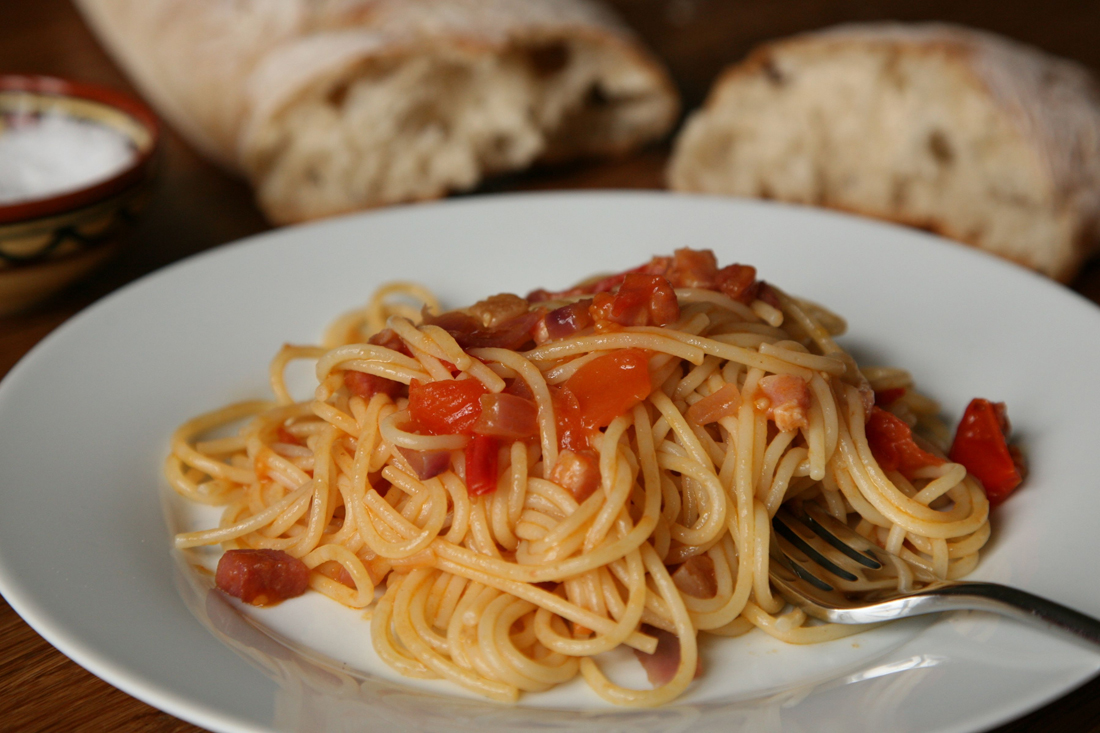 Spaghetti With Varnelli, Tomatoes And Pancetta