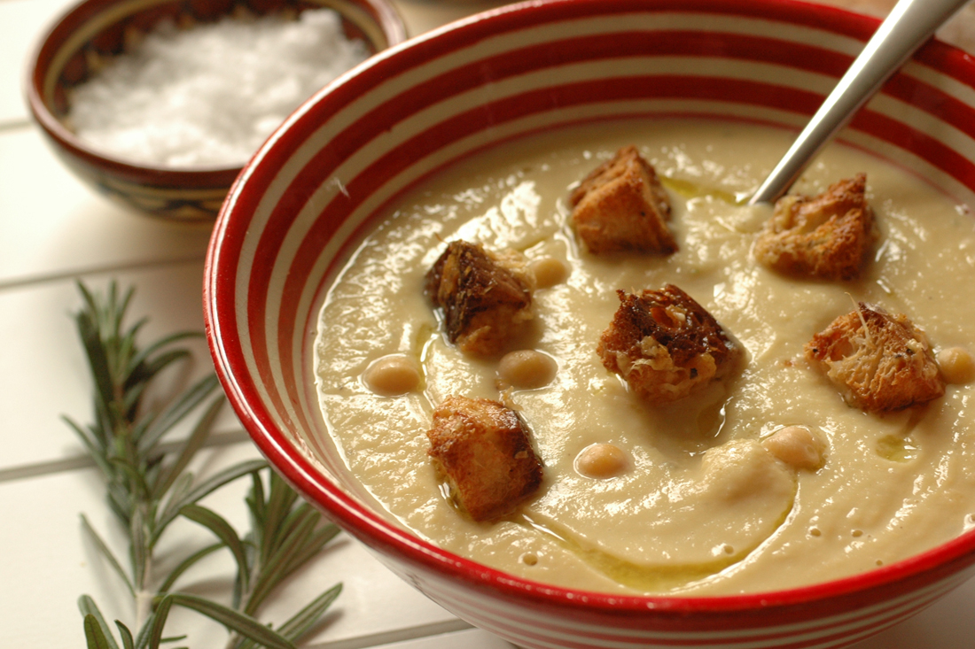 Chickpea Soup With Thyme Oil Parmesan Croutons