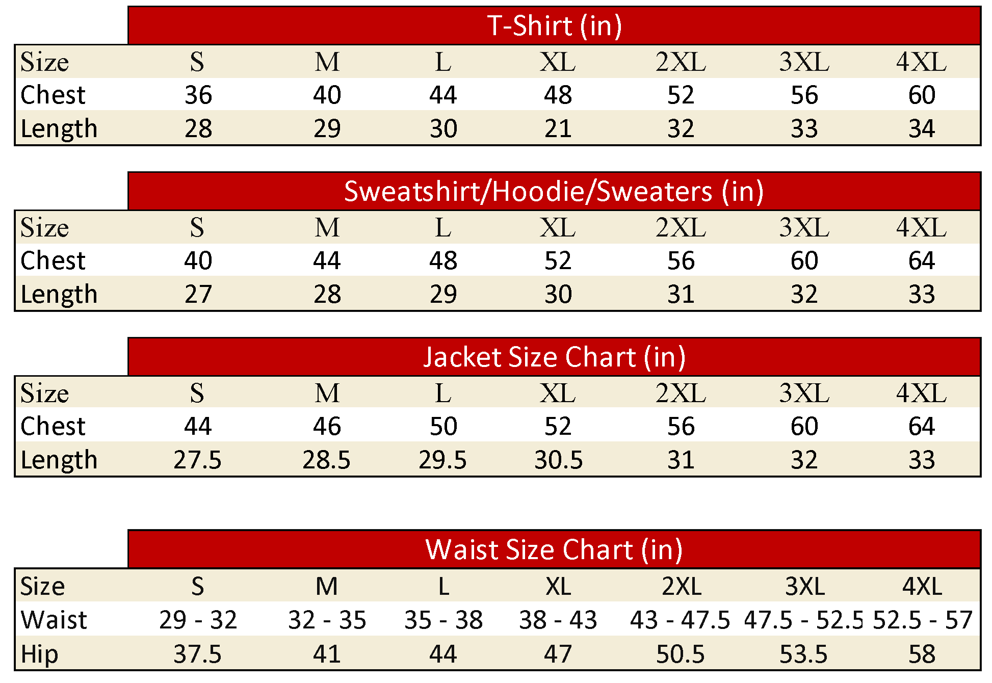 Nupe Swagg - Size Chart