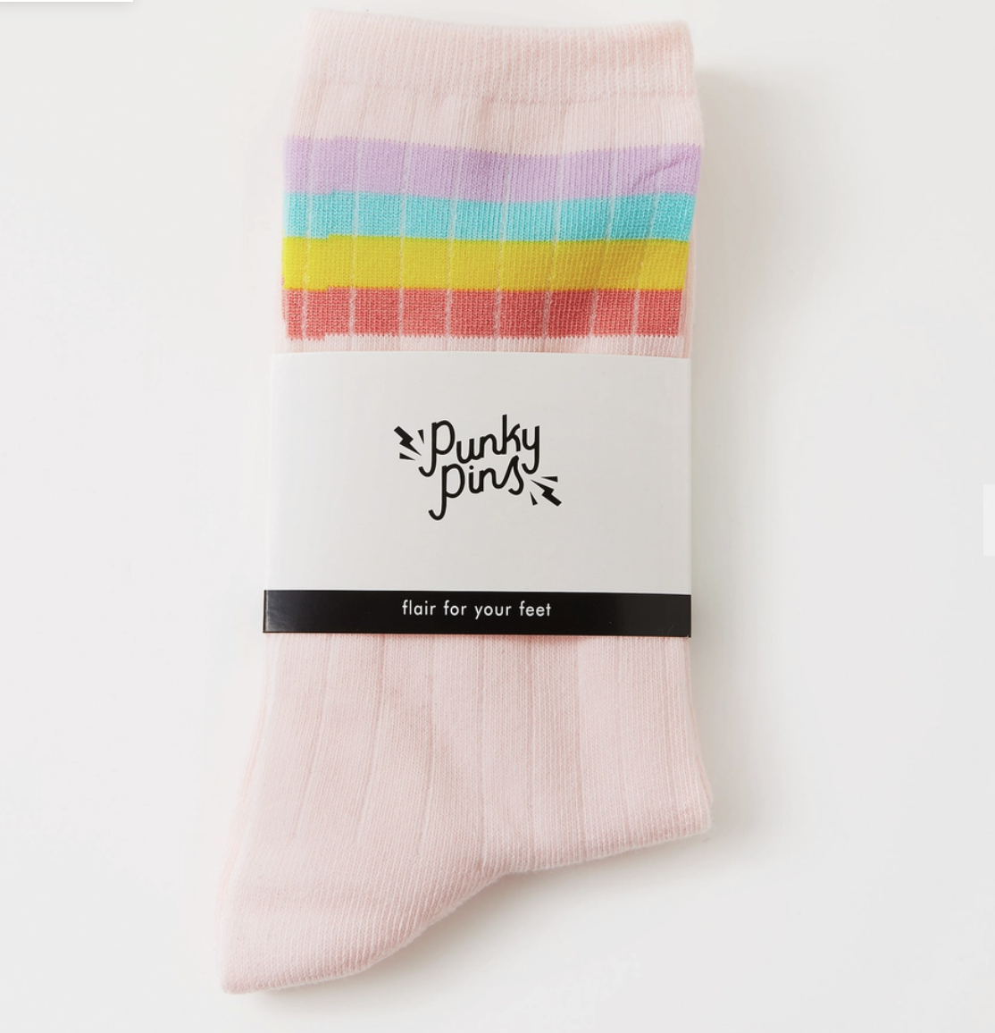 light pink socks with colourful bands round the ankles.