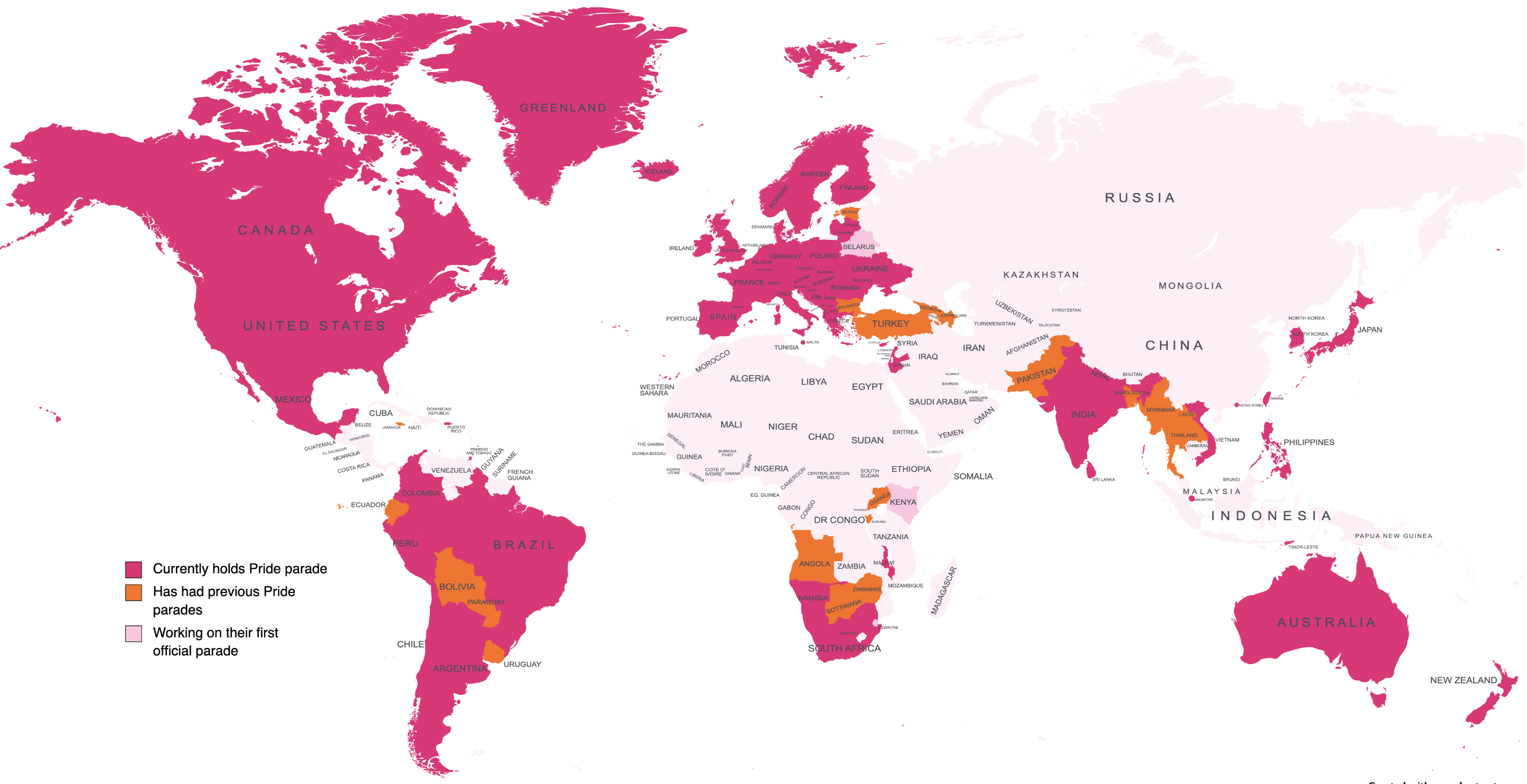 A pink map of the world with countries colour coded by whether they have held a pride parade.