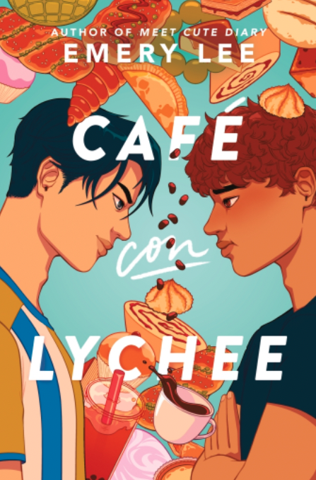 Cover of Cafe Con Lychee. Two boys look at each other while eating snacks.