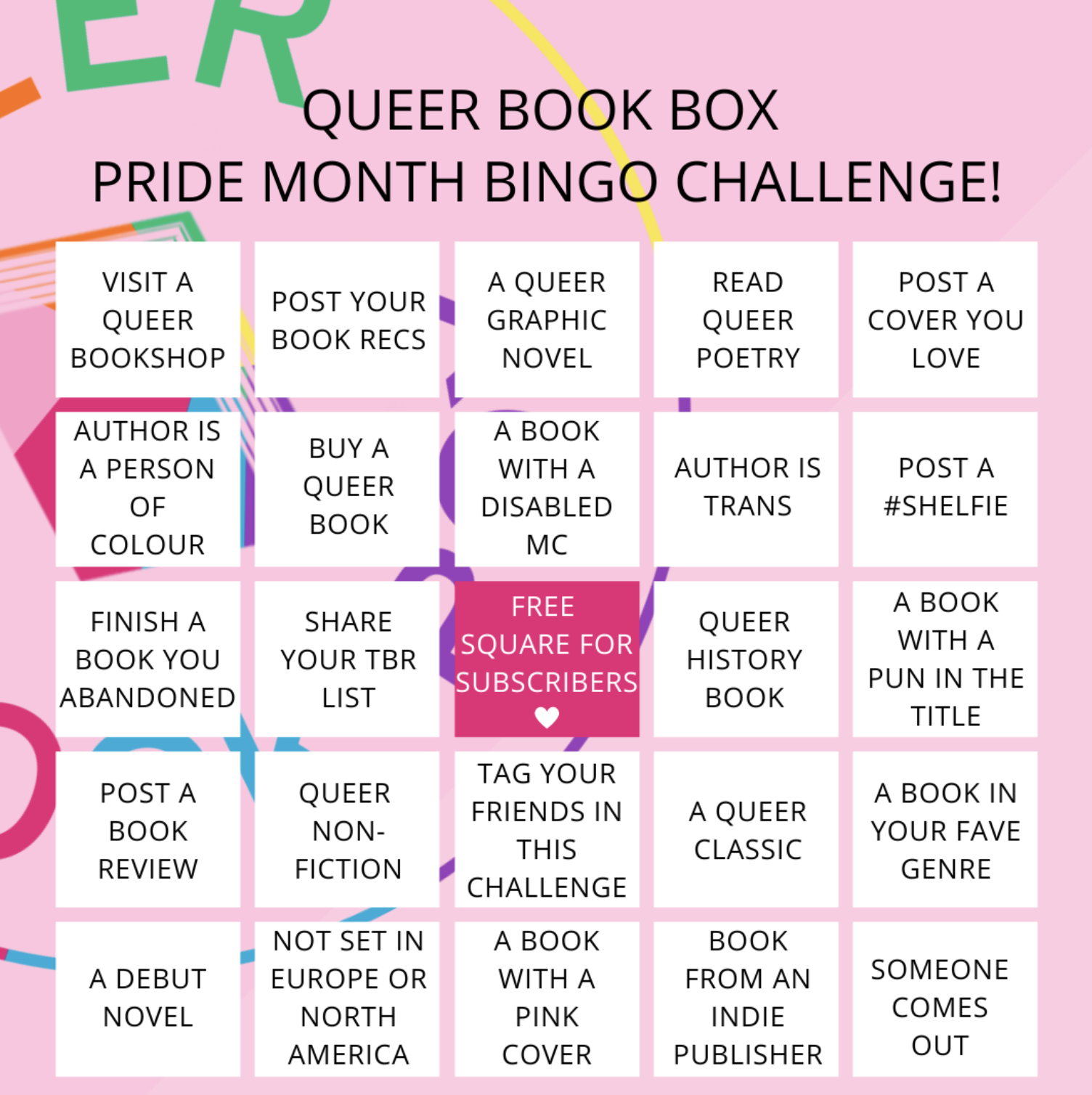 Bingo card for the pride book bingo challenge