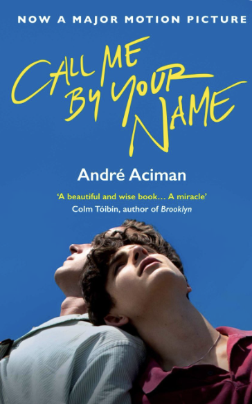 Cover of the book Call Me By Your Name. Two men lean their heads together against a deep blue sky.