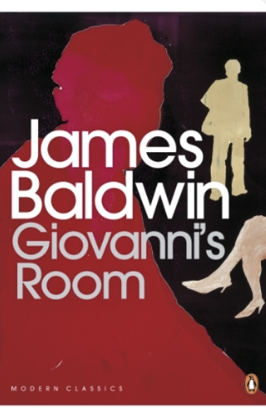 Cover of Giovanni's Room. An ilustration showing a pair of crossed legs in the foreground and a man in the background.