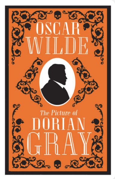 The cover of The Picture of Dorian Gray. A silhouette of a gentleman on a white disc on an orange background decorated with vines and skulls.