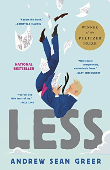 The cover of Less. An animation of Less himself falling through the sky while trying to write on pages that fly away.