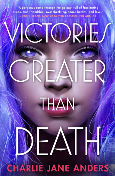 Cover of Victories Greater Than Death. Girl with purple hair and eyes looks at reader.