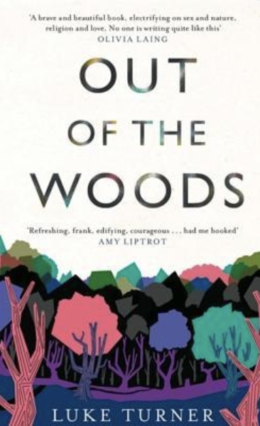 Cover of Out of the Woods, illustrated forest with trees of pink and green.