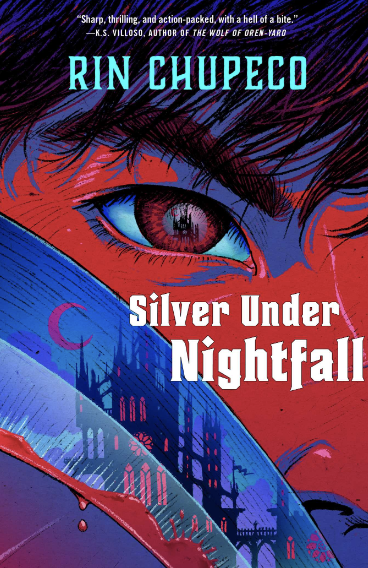 Cover of Silver Under Nightfall, in blue and red, a face obscured by a shield, only an eye and dark hair are visible. In the shield you see a gothic castle.