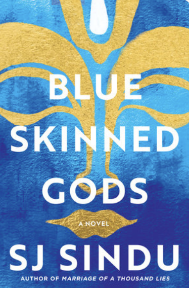 Cover of Blue-Skinned Gods. A blue background with a gold face painted in lines.