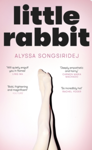 Cover of Little Rabbit. On a pink background a pair of legs in white tights lean up against a wall, crossed at the ankle 