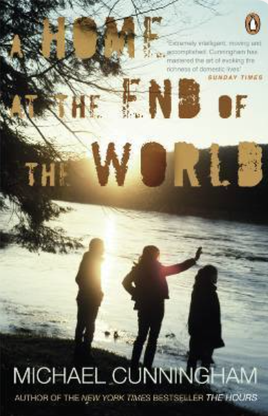 Cover of A Home at the End of the World. Three people standing on the shore of a lake on a sunny day.