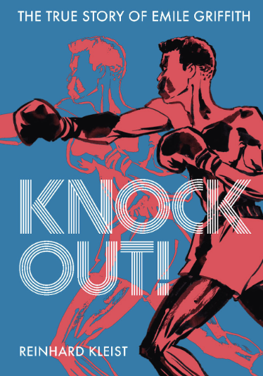 Cover of Knock Out! On a blue background an illustration of the main character mid-punch in red and black.
