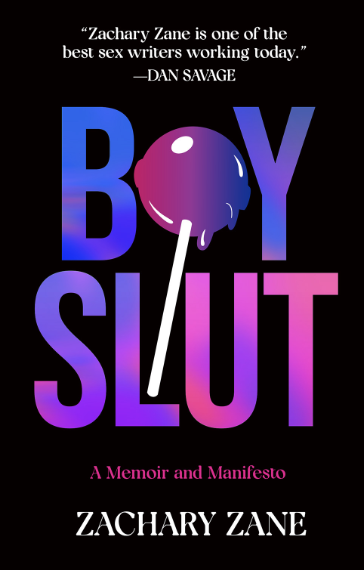 Cover of Boyslut. The title in blue and pink on a black background. The 'o' in 'boy' is the head of a dripping lollypop.
