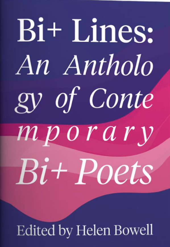 Cover of Bi+ Lines antholigy. Title in white on a purple and pink background.