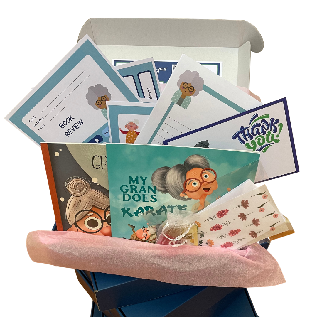 This educational subscription box for children aged five to seven contains 2 picture books, My Gran does Karate and Grandma's prickly secret. The writing activity is writing an invitation to grandma to come for tea. There are also the monthy themed book review pages with stickers to decorate.