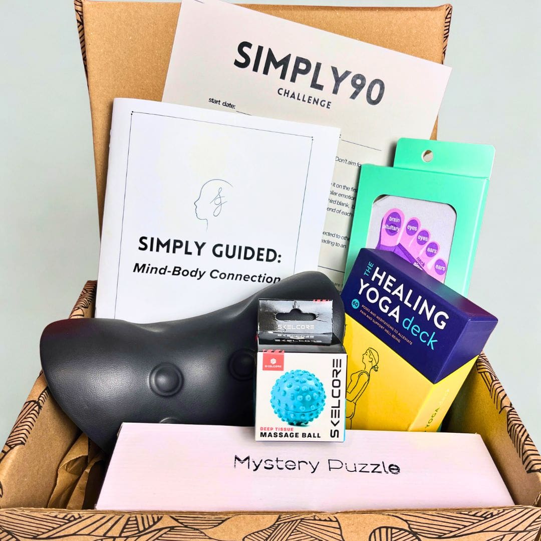 Simply Gray Mind-Body Connection box with yoga deck, massage tools, guidebook, and therapist-designed challenge.