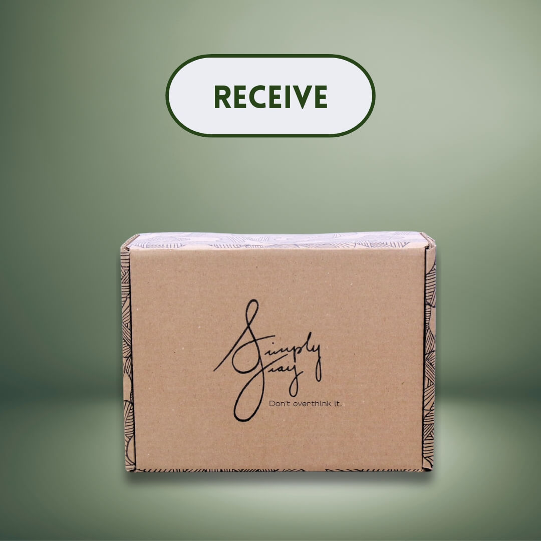 Simply Gray mental health subscription box with the word "RECEIVE" above it on a green background