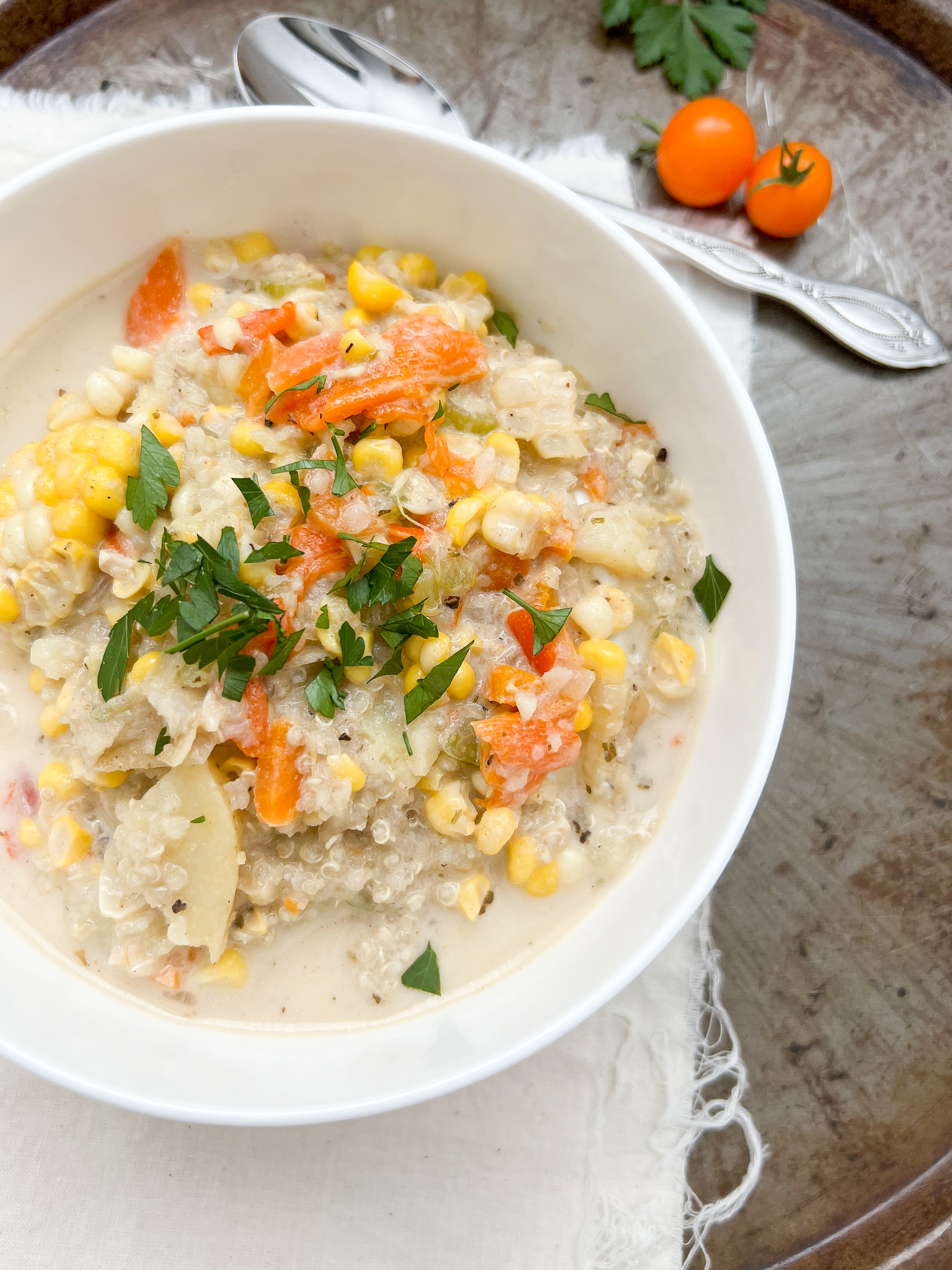 Roasted Anaheim Pepper, Sweet Corn, and Quinoa Soup