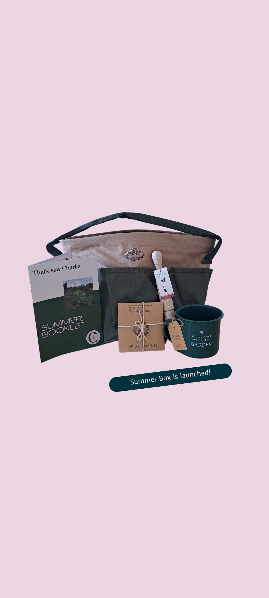 Summer box contents with gardening tools, seeds, and booklet