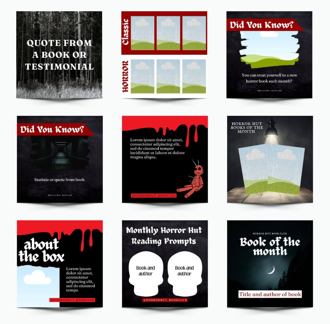 9 graphics in a grid format in dark black, red and white for a horror book subscription box