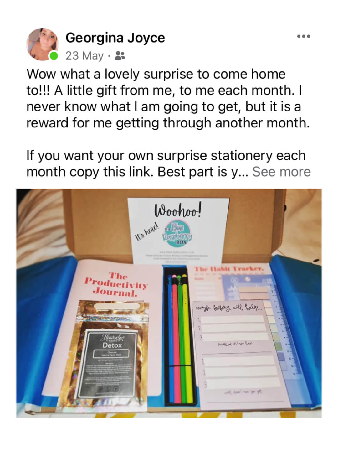 Screenshot of an open stationery and self-care box with text above reading ' Wow! What a lovely surprise to come home to!" Customer testimonial