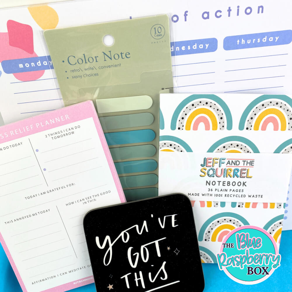 Stationery items; desk planner, mindset notepad, notebook and coaster with You've got this 