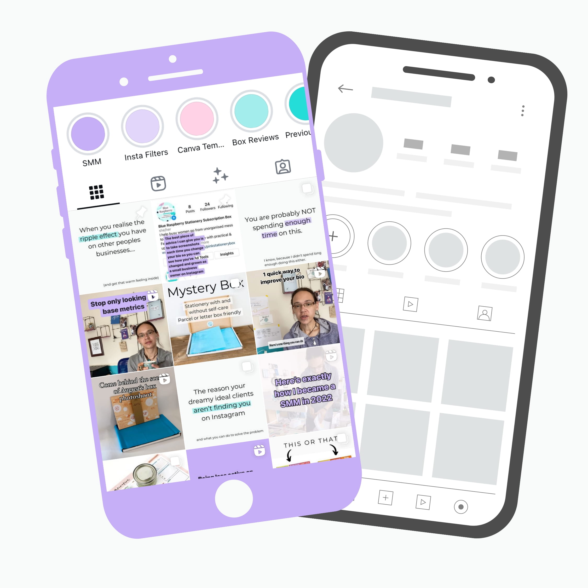 Graphic of Blue Raspberry Instagram feed in a purple phone frame with a graphic of a Instagram feed behind